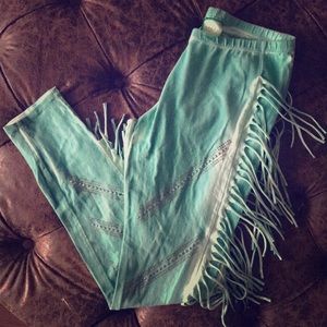 Fringe studded teal leggings